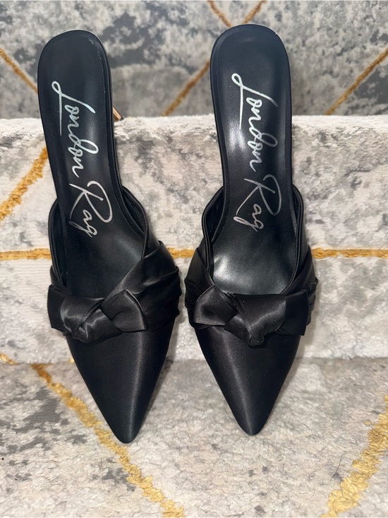 London Rag Shoes - Black Satin Pointed Toe Knot Slide Mule Heels